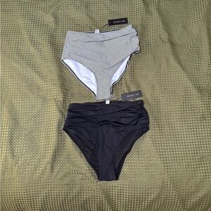 2 bottom Retro Striped and Black High-Waisted Bikini Bottoms